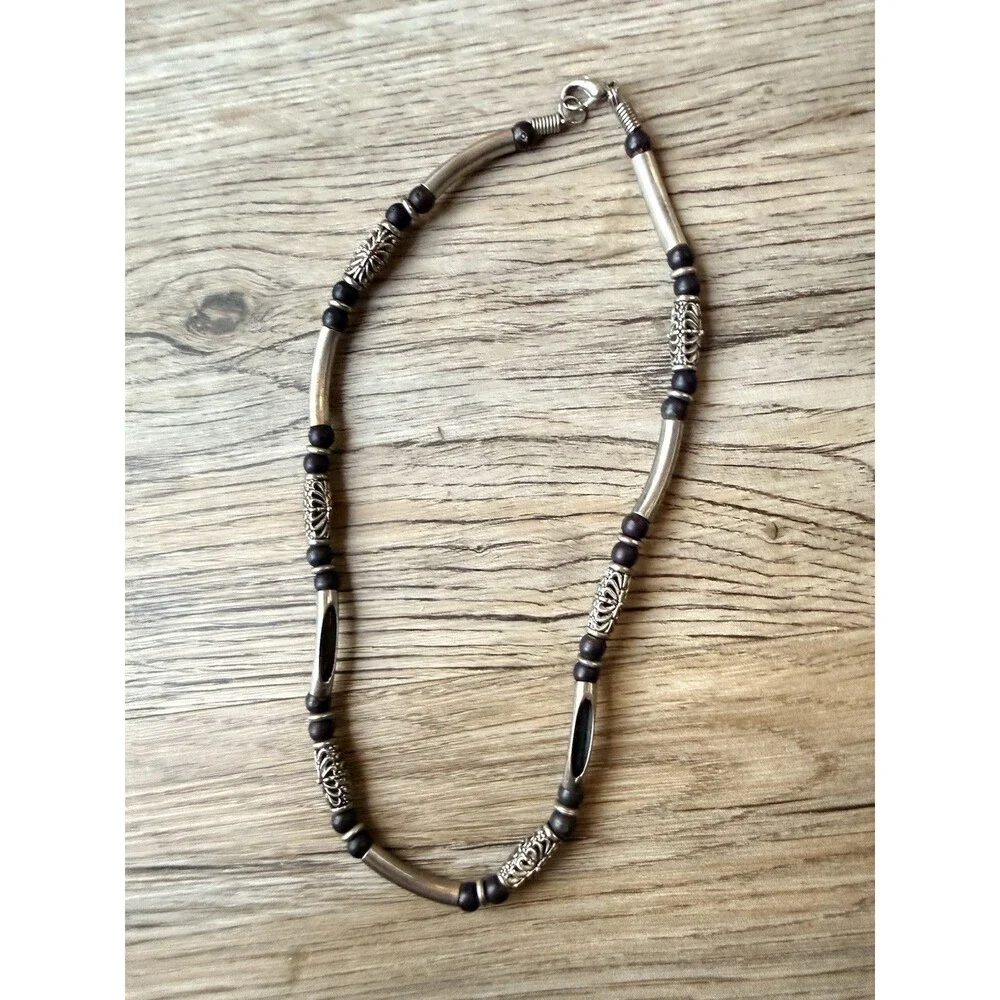 Y2K Men Black Bead Necklace Silver Tone Tribal Boho Surfer street grunge skater